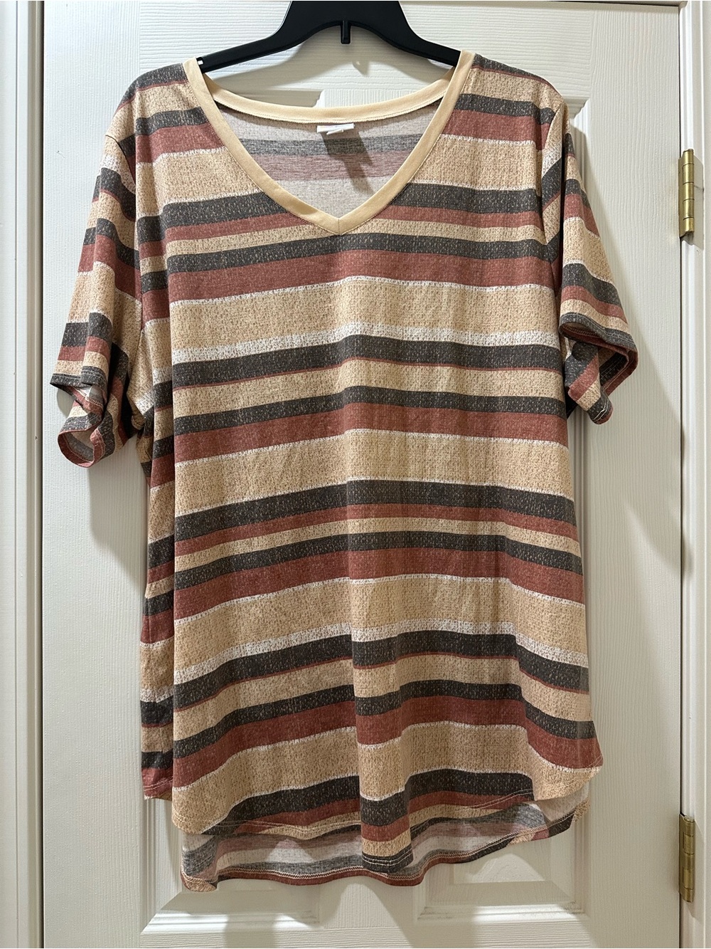 LuLaRoe Striped V‑Neck Short Sleeve Top in Beige, Rust and Charcoal